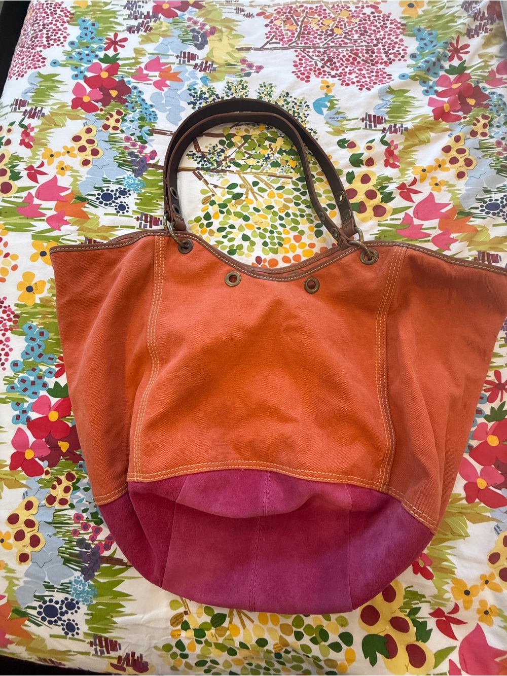 Gorgeous Lucky Brand Oversized Orange Pink Suede Canvas Travel Tote Y2K Rare. π©·π§‘ - Picture 3 of 15